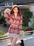 Fashionkova Korean style Sweet Short Plaid Blazer Suit Two Piece Set Summer Women Woollen Casual Chic Cute High Waist Skirt Suits