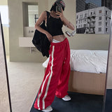 Fashionkova Christmas outfit American Contrasting Vintage Drawstring Sweatpants Fashion Straps Straight Wide Leg Pants Baggy Mopping Trouser Ladies Summer