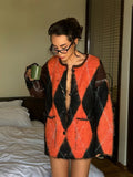Fashionkova Mohair Plaid Contrast Women Sweater O Neck Full Sleeve Lady Cardigan 2024 Fashion Autumn Loose Single-breasted Female Knitwear