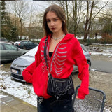 Fashionkova Christmas outfit Y2K Rhinestone Skeleton Hoodies Women Gothic Black Zip Up Oversized Sweatshirts Female Retro Harajuku Hooded Jacket Streetwear