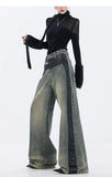 Fashionkova Blue Jeans for Women High Quality High Waist American Wide Leg Pants Y2K Vintage Fashion Straight Spliced Spring Bagge Trousers