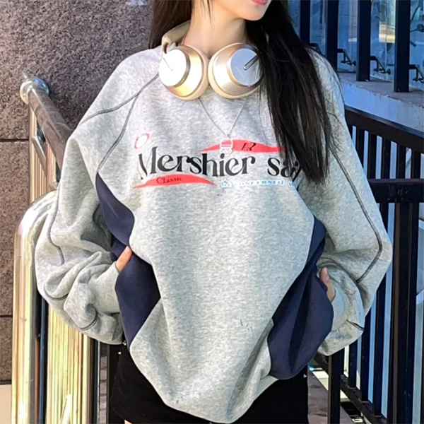 Fashionkova Vintage Letter Print Contrast Color Splice Sweatshirt
