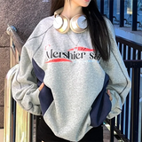 Fashionkova Vintage Letter Print Contrast Color Splice Sweatshirt