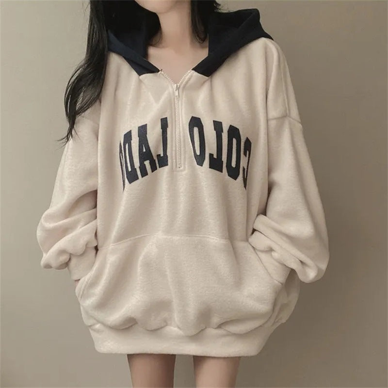 Fashionkova Vintage Solid Color Letter Print Half Zip Up Hoodie
