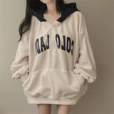 Fashionkova Vintage Solid Color Letter Print Half Zip Up Hoodie