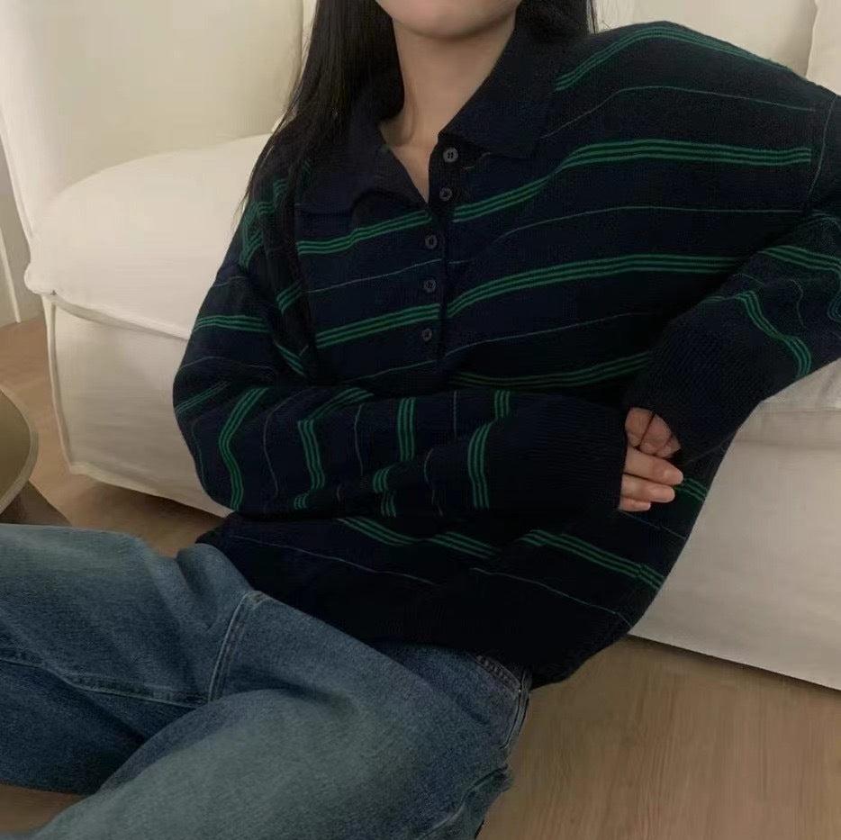 Fashionkova Vintage 90s Polo Collar Striped Sweatshirt