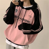 Fashionkova Vintage Logo Print Raglan Striped Sleeve Hoodie