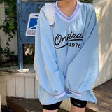 Fashionkova Vintage V-Neck Logo Graphic Oversized Sweatshirt