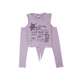 Fashionkova Japanese Y2k Hooded T-shirt Vintage 2000s Style Rabbit Ears Tops Harajuku Purple Striped Hollow Out Tops Grunge Lolita Spring Style 2025