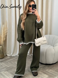 Fashionkova Party Outfit Casual Striped Knitted Set Women Elegant Split Pullover Sweater Elastic High Waist Straight Trousers Lady Outfit Autumn 2024