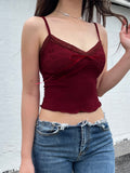 Fashionkova Christmas Red Vintage Elegant Camisole Lace Trim V Neck Tie Bow Sleeveless Slim Cute Crop Top Women Y2K Streetwear Clothes