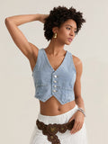 Fashionkova Fashion Cropped Jeans Waistcoats Women's Sleeveless V Neck Button down Denim Vests for Streetwear Basics Tank Tops Fairycore