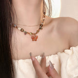 Fashionkova Punk Gold Bow Crystal Heart Chain Necklace Acrylic Beaded Pearl Necklace For Women Y2K Grunge Rave Scene EMO Accessories Jewelry