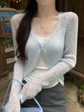 Fashionkova Lace Trim One Button Long Sleeve Crop Top Women Short Sleeve Open Front Ribbed Knit Cardigan Sweater Summer Fairycore Outfit Spring Style 2025