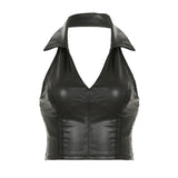 Fashionkova Hot Sexy Gyaru Slim Fit Leather Short Tops Women Halter Up Turn Down Collar Fashion Trendy Backless Design Tanks