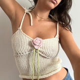 Fashionkova Sweetown White Front Tie Flower Knitted Boho Camisole Women Backless Sleeveless Lace-Up Slim Crop Summer Holiday Tops Cute 2000s Fairycore Outfit Idea