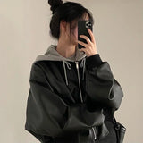 Fashionkova  Nye Outfit Fashion Hooded Loose Leather Jackets Women Fashion Faux Leather Coats Spring Autumn Korean PU Jackets