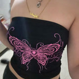 Fashionkova Y2k Aesthetic Bufferfly Rhinestones Butterfly Print Bandeau Top Fairycore Outfit Idea