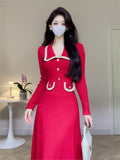 Fashionkova  party look inspos French Solid Autumn Winter Knitted Dress Elegant Women New Peter Pan Collar High Waist Long Dress Lady Office Sweater Vestidos