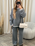 Fashionkova Party Outfit Casual Striped Knitted Set Women Elegant Split Pullover Sweater Elastic High Waist Straight Trousers Lady Outfit Autumn 2024