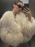 Fashionkova party look inspos Women Solid Fluffy Soft Faux Fur Short Coat Elegant Long Sleeves Cropped Overcoats Chic Autumn Winter Female Warm Outwears