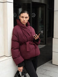 Fashionkova party look inspos Burgundy Thick Warm Cotton Jacket Stand Collar Long Sleeve Short Coat Lace Up Casual Coats 2024 Winter Lady Commuter Outerwear