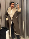 Fashionkova Party Outfit Double-side Fur Leather Long Jackets Women Vintage Loose Lapel Long Sleeved Coats Lady Winter Thickening Warm High Street Tops