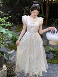 Fashionkova Women's Sweet Flying Sleeve Midi Dress Summer Embroidery Female Vintage O-Neck Clothes Elegant Lady Chic A-line One Pieces Robe Outfit Ideas