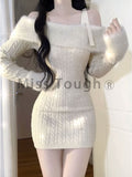 Fashionkova  party look inspos Sexy Knitted New One Piece Dress Women Off Shoulder Sweet Vintage Y2k Mini Dress Female Korean Fashion Chic Sweater Dresses 2024