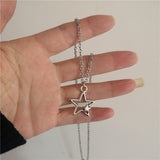 Fashionkova New Kpop Fashion Sweet Cool Tibetan Hollow Double Star Pendant Necklace Choker Charm Black Cord Handmade Punk Grunge Y2K Jewelry