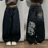 Fashionkova American Y2K New Fashion Pattern Embroidery Loose Jeans Men Street Casual Joker Mopping Oversized Wide-leg Pants Couple Jeans Casual Outfit