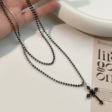 Fashionkova Hiphop/Rock Cross Necklaces Hot Punk Black Zircon Bead Long Layered Pendant Necklace for Woman Men Goth Jewelry Anniversary Gift
