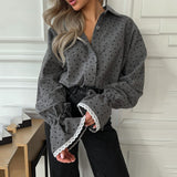 Fashionkova party look inspos Loose Print Lace Flared Sleeve Shirt Women's Fasion Gray Sweet Lapel Blouse Spring New Casual Commute Female High Street Wear