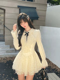 Fashionkova  party look inspos French Vintage Princess Lace Mini Dresses for Women Bow Flare Sleeves Ruffles A-line Birthday Party Kawaii Mini Vestidos New