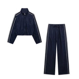 Fashionkova Street Denim Stripe Pants Set Women Long Sleeve Stand Collar Pocket Zipper Jacket Suit 2025 Straight Lace Up Casual Jeans Sets
