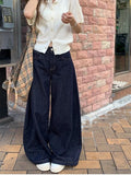 Fashionkova  Party Outfit  Women's Deep Blue Loose Wide Leg Jeans Street Cool Girl High Waist Baggy Pants Female Casual Straight Denim Trousers