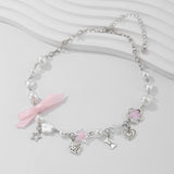 Fashionkova Pink Bow Peach Heart Imitation Pearl Choker Necklace Trend New Strawberry Pendant Necklace for Women Y2K Accessories