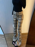 Fashionkova Women Korean Fashion Plaid Flare Long Trousers Bell Bottom Grunge Slim Pants Gyaru Y2k Japanese Streetwear 2000s Aesthetic Retro