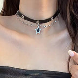 Fashionkova Y2k Shiny Star Tassel Chain Pendant Layered Necklace For Women Pentagram Silver Color Choker Zircon Charm Grunge Jewelry