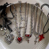 Fashionkova Red Thorn Heart Patchwork Star Cross Tassel Pendant Chain Necklaces Women Men Goth Punk Hip Hop Party Grunge Y2K Jewelry Gifts