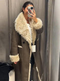 Fashionkova Party Outfit Double-side Fur Leather Long Jackets Women Vintage Loose Lapel Long Sleeved Coats Lady Winter Thickening Warm High Street Tops