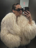 Fashionkova Party Outfit Fashion Winter Luxury Fluffy Faux Fur Coat Women Open Front Lapel Long Sleeve Short Jacket Solid Female Thicken Warm Overcoats