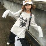 Fashionkova Japanese Y2k Ripped Sweater Vintage Gothic Spider Print Knitted Pullover Trashy 2000s Style Distressed Jumper Grunge 90s Spring Style 2025