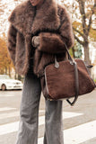 Fashionkova party look inspos Women's Brown Big Lapel Faux Fur Fury Fashion Fluffy Long Sleeved Thick Warm Fury Jacket 2024 Winter Lady Casual Street Outwear