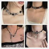 Fashionkova Y2K Vintage Butterfly Cross Heart Star Necklace For Women Men Punk PU Leather Choker Jewelry Grunge Charms Stuff EMO Accessories