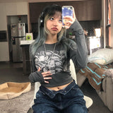 Fashionkova party look inspos Women retro Eyes Print Tops Fairy Grunge Graphic Spring T Shirts Vintage Indie Aesthetic Clothes Cyber Y2k Slim Long Sleeve Top