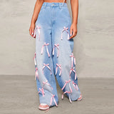 Fashionkova Casual Washing Bow Women Jeans High Waist Wide Leg Zippers Pockets Female Trouser 2025 Spring Summer New Fashion Lady Trouser