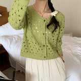 Fashionkova Long Sleeve Crochet Top for Women Sheer Button Up Hollow Out Openwork Knit Cardigan Jacket Spring Summer Boho Vacation Outfit Casual Outfit