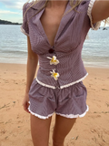 Fashionkova Vintage Plaid Shirt Top Shorts Two Piece Set Small Lace Trim Patchwork Casual Slim Fit V Neck Women Short Blouse Shorts Suit