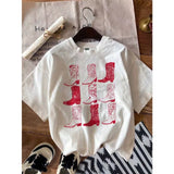 Fashionkova Retro Boot Printed Western Style Casual Fit Short Sleeve Women's T-shirt Vintage Graphic Tops Cotton Breathable Female Clothing Spring Style 2025